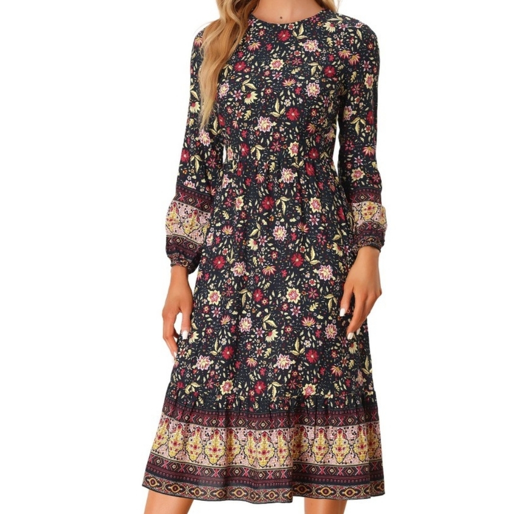 Nwt Allegra K Floral Black Boho Midi Dress